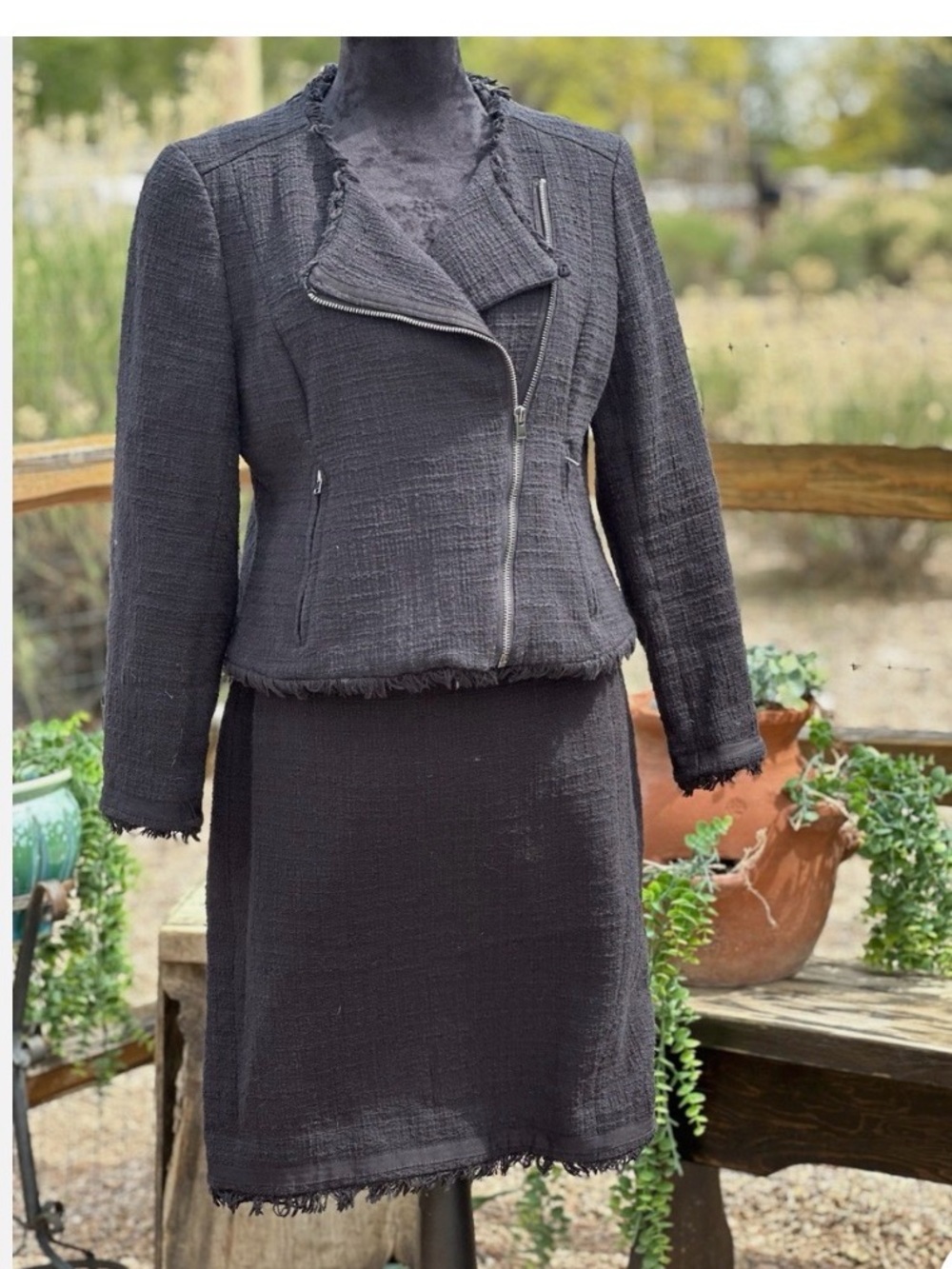 J Crew Black Textured Fringed Zip-Front Women's Jacket and matching skirt